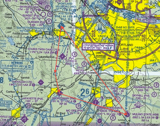 Mapa lotnicza z trasą z Hillsboro do Mulino